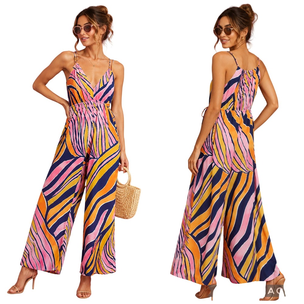 MAEVE Women's Abstract Geometric Wide Leg Sleeveless Jumpsuit Pink Orange Navy 6